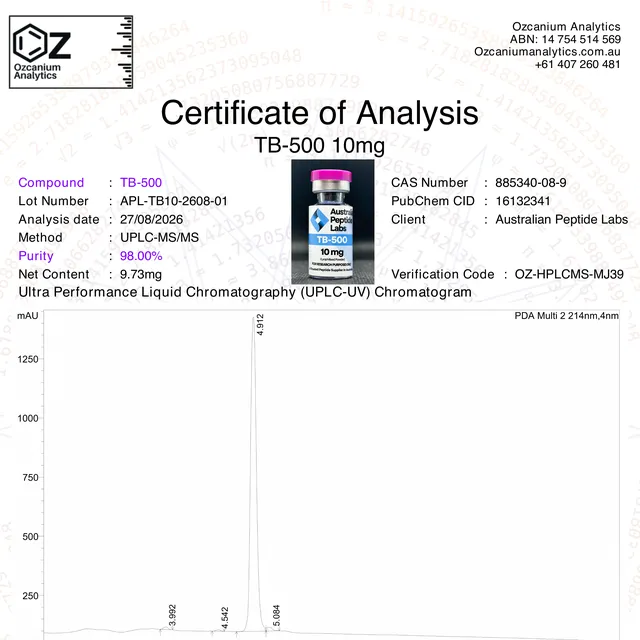 TB-500 purity report from Ozcanium Analytics, first page