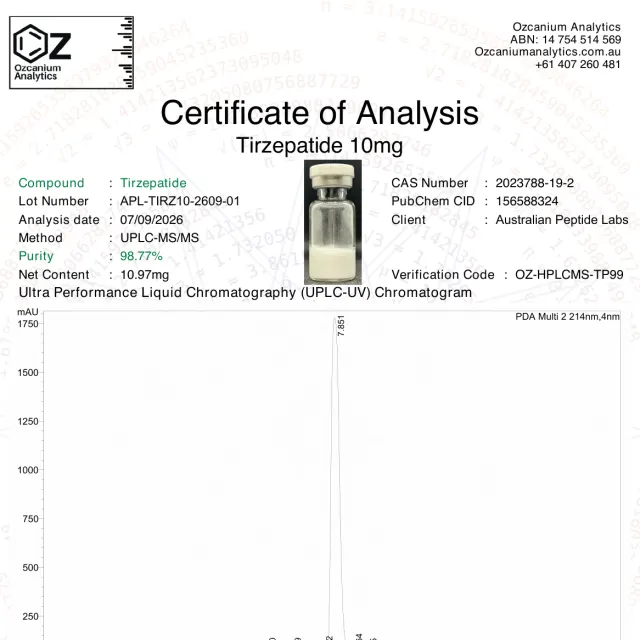 Tirzepatide purity report from Ozcanium Analytics, first page