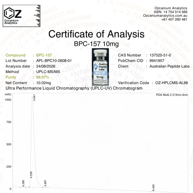 BPC-157 purity report from Ozcanium Analytics, first page