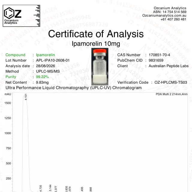 Ipamorelin purity report from Ozcanium Analytics, first page
