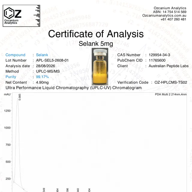 Selank purity report from Ozcanium Analytics, first page