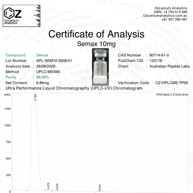 Semax purity report from Ozcanium Analytics, first page