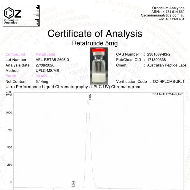 Retatrutide purity report from Ozcanium Analytics, first page