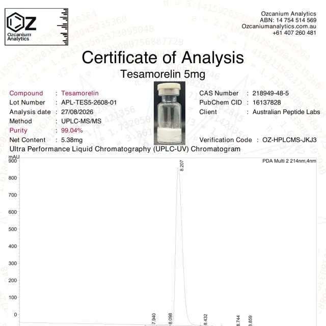 Tesamorelin purity report from Ozcanium Analytics, first page