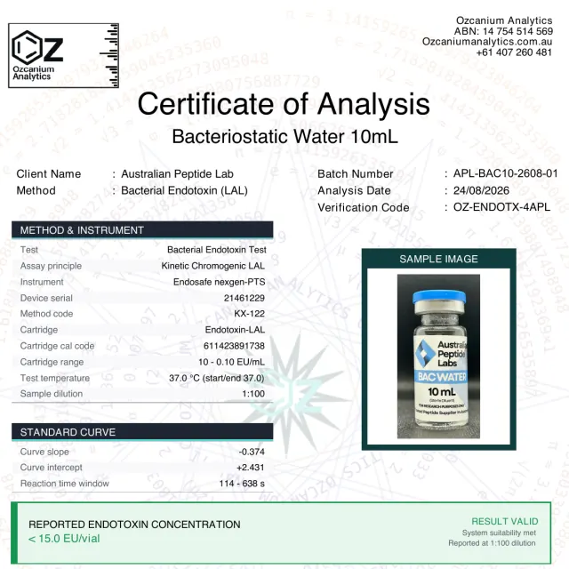 Bacteriostatic Water endotoxin report from Ozcanium Analytics, first page