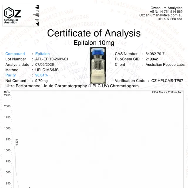 Epitalon purity report from Ozcanium Analytics, first page