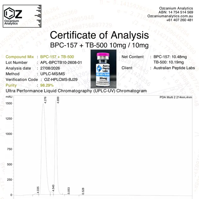 BPC + TB-500 purity report from Ozcanium Analytics, first page
