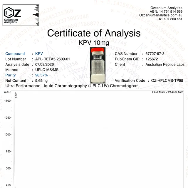 KPV purity report from Ozcanium Analytics, first page