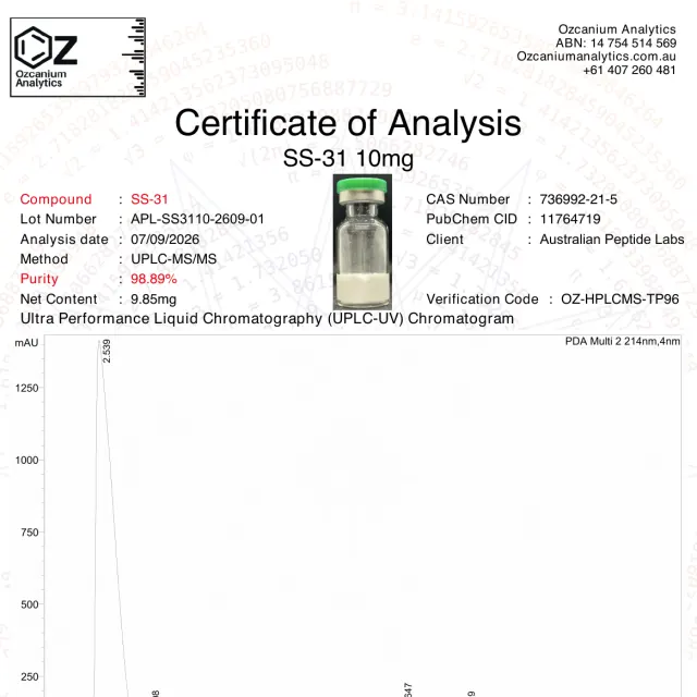 SS-31 purity report from Ozcanium Analytics, first page