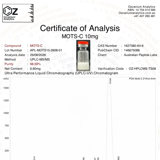 MOTS-C purity report from Ozcanium Analytics, first page