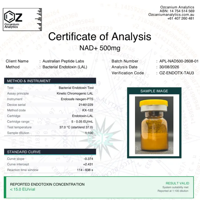 NAD+ endotoxin report from Ozcanium Analytics, first page
